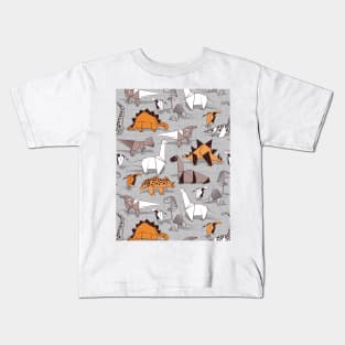 Origami dino friends // pattern // grey linen texture background orange white and beige dinosaurs Kids T-Shirt